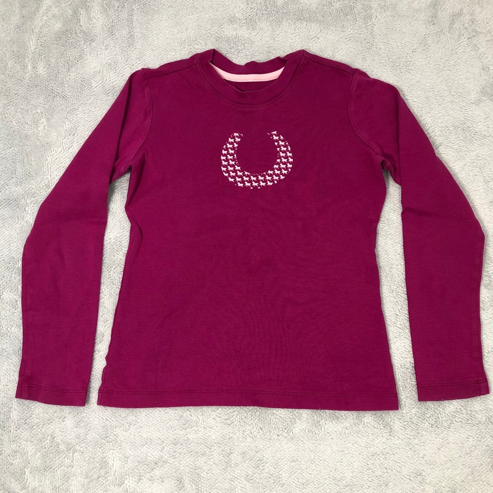 Lands End Horseshoe Graphic Tee Girls S 7-8 Berry Pink Long Sleeve Cotton Shirt